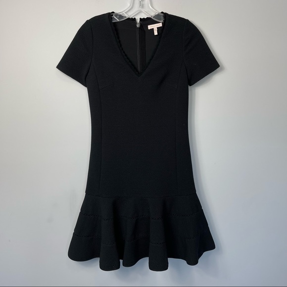 Rebecca Taylor Stretch Texture Scallop V-Neck Mini Drop Waist Ruffle Dress Black - Picture 8 of 16